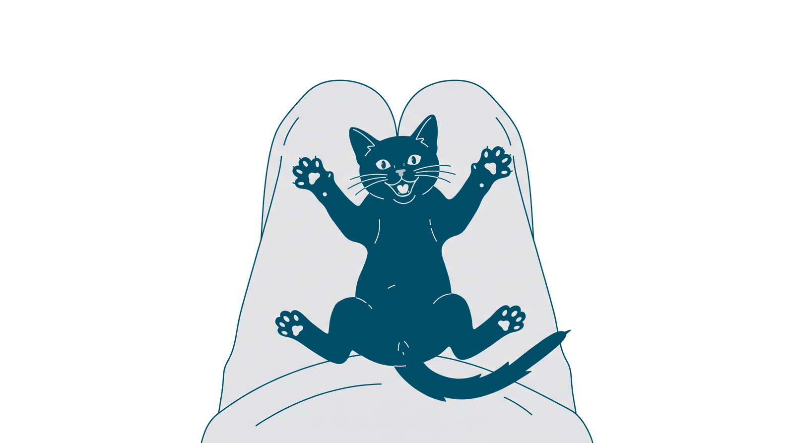 A kitten on its back across a lap, legs, tail and toes splayed open in every direction